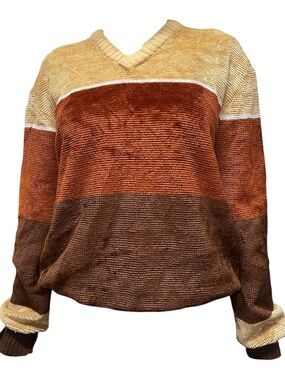 Vintage Levi's Earthy Tone Colorblock Chenille Knit V-Neck Sweater Size XL